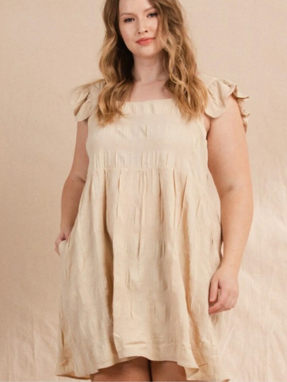ODDI Smocked Crinkle Dress 3X Ruffle Flutter Sleeve Taupe Cream Boho